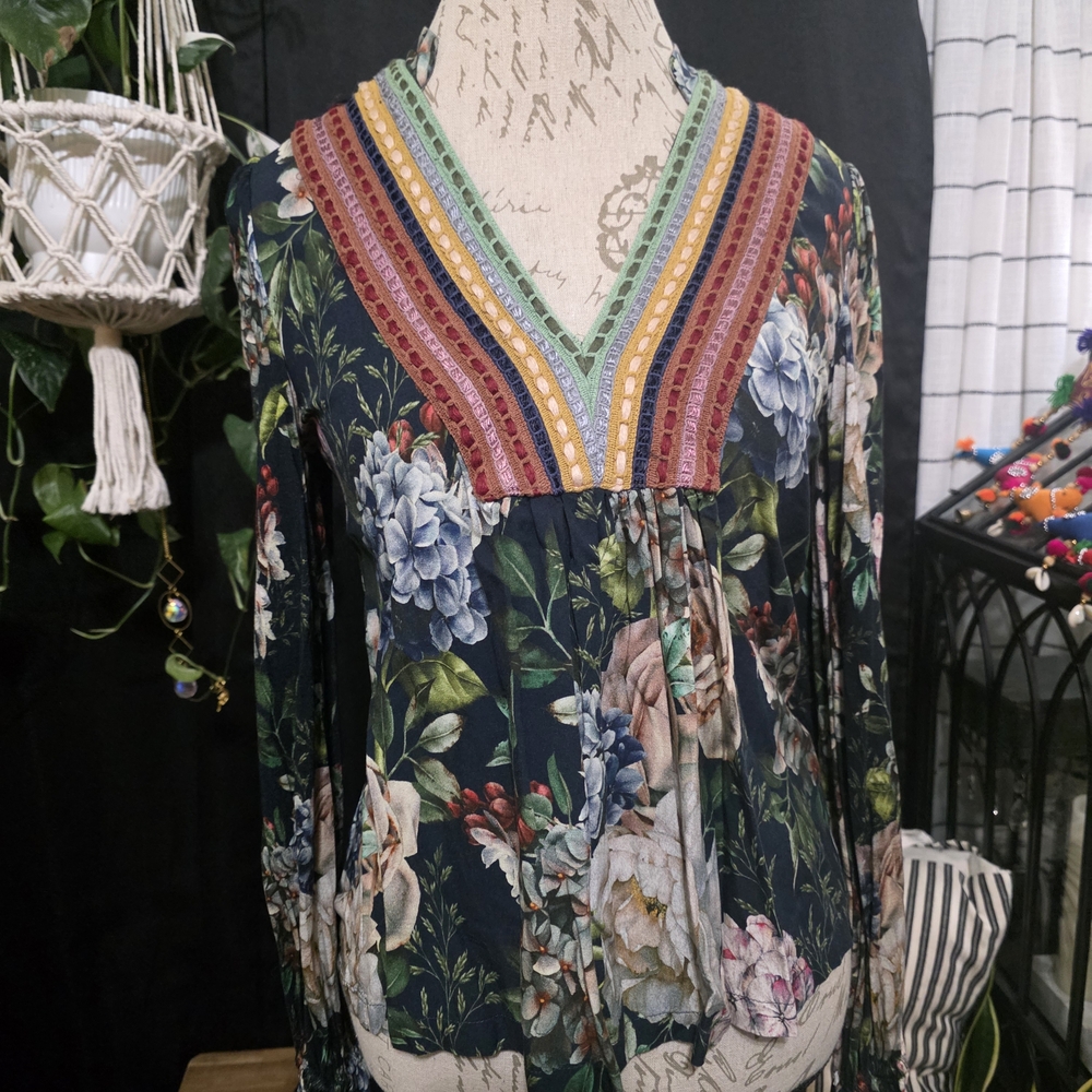 Anthropologie Bl^nk London Multicolor Floral V-Neck Embroidered Blouse